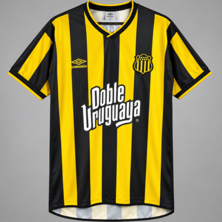 Frente de la camiseta local retro de Peñarol 2002, con franjas negras y amarillas