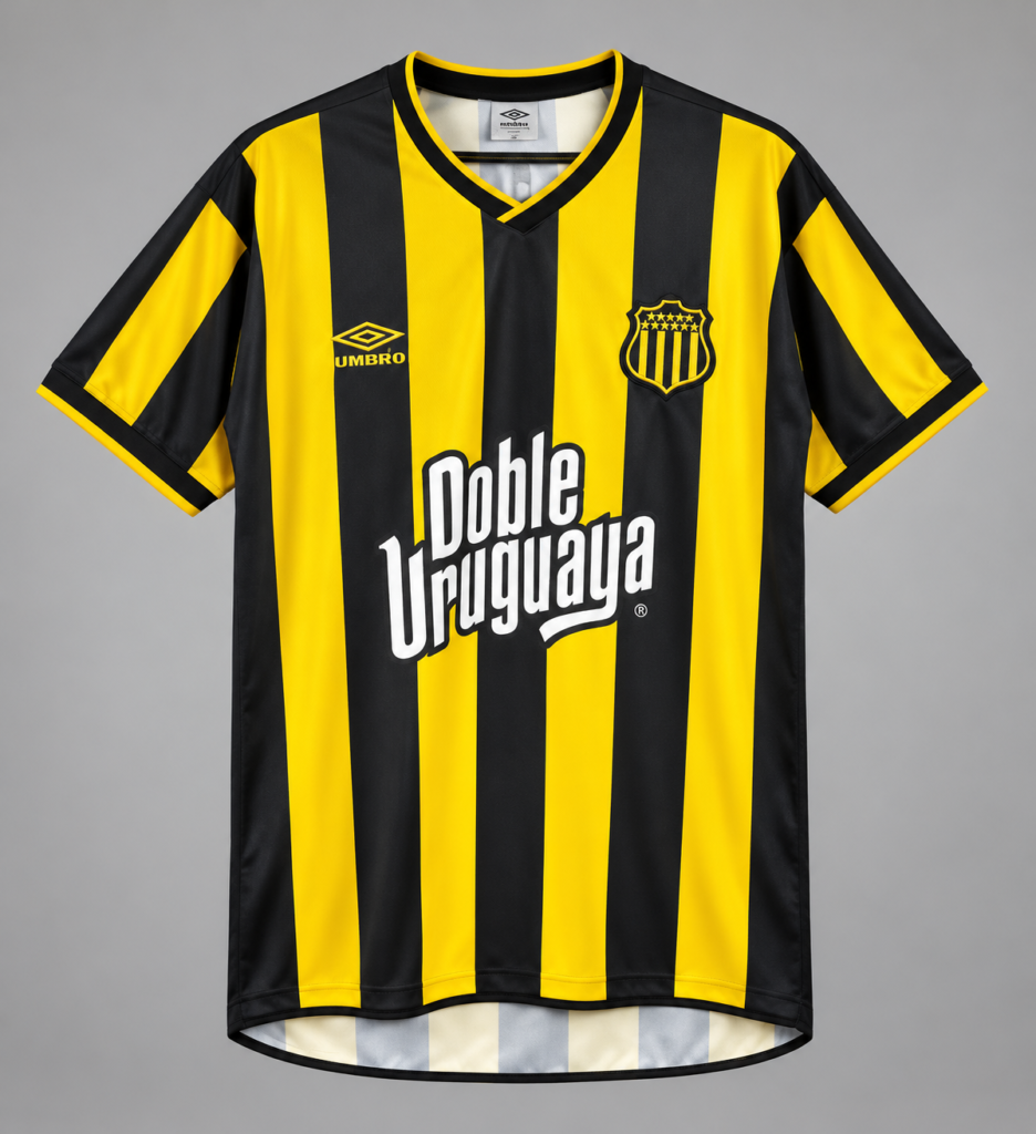 Frente de la camiseta local retro de Peñarol 2002, con franjas negras y amarillas